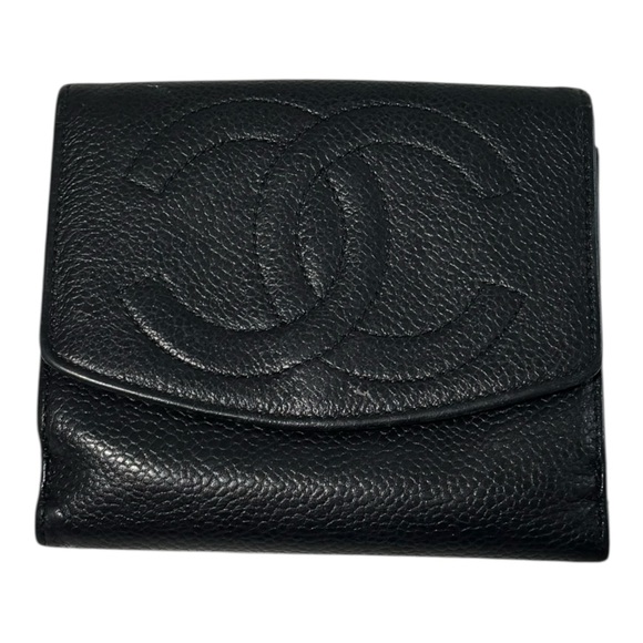 CHANEL Black Caviar Leather Wallet Pebbled Logo - Picture 1 of 15